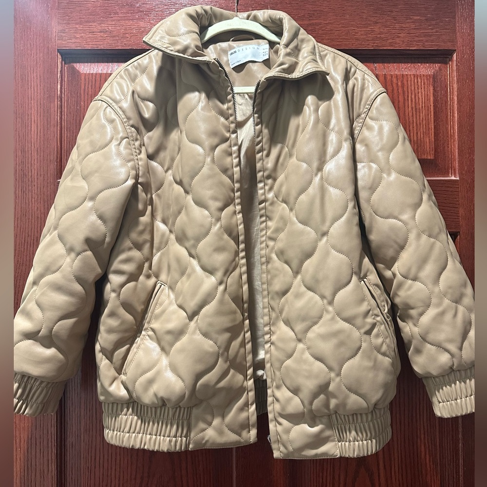 ASOS DESIGN faux leather quilted bomber jacket in camel~Size 4 PETITE